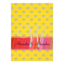 Wedding monogram yellow diamonds hearts personalized announcement