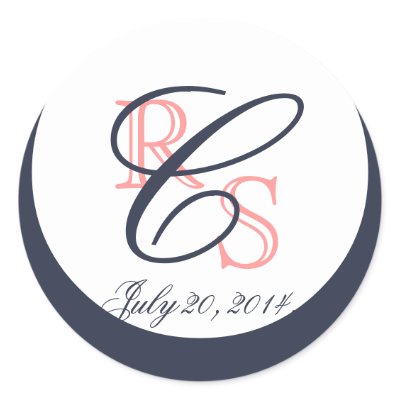 Wedding Monograms Round Stickers Coral Navy Blue