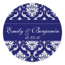 Wedding Names Date Damask Navy Small Stickers