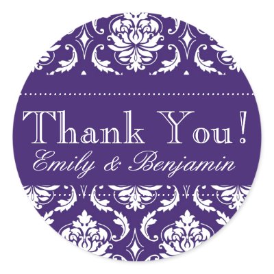 Wedding Names Purple Damask Thank You Labels Stickers