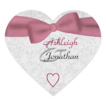 Wedding Pink Bow Gray Damask Heart Sticker