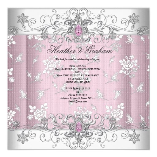 Wedding Pink Silver White Diamond Jewel Lace Custom Announcements