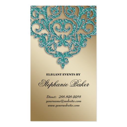 Wedding Planner Jewelry Damask Gold Sparkle Teal Business Card Templates (front side)