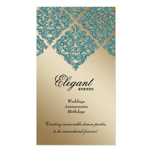 Wedding Planner Jewelry Damask Gold Sparkle Teal Business Card Templates (back side)