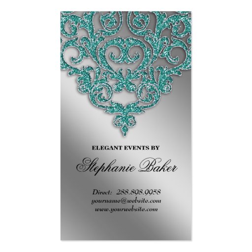 Wedding Planner Jewelry Damask Silver Sparkle Teal Business Card Templates (front side)