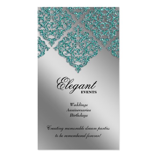 Wedding Planner Jewelry Damask Silver Sparkle Teal Business Card Templates (back side)