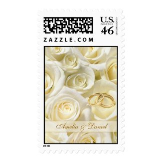 Wedding Postage with white-cream roses and rings stamp