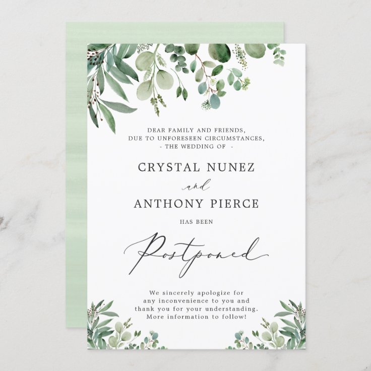 Wedding Postponed Change Of Date Eucalyptus Leaves Invitation Zazzle