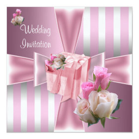 Wedding Pretty Satin Pink Silver Stripe Bow 5.25x5.25 Square Paper Invitation Card