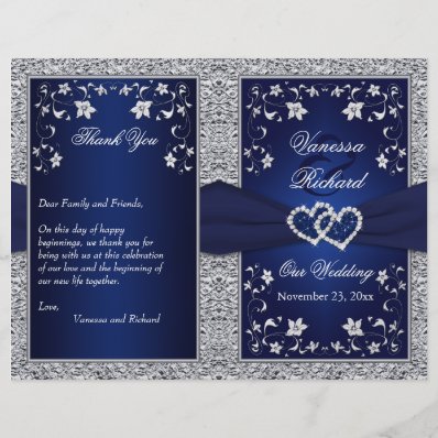 Wedding Program | Navy, Silver Floral, Hearts