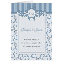 Wedding Program, Pale Blue Stripes & Damask Greeting Cards