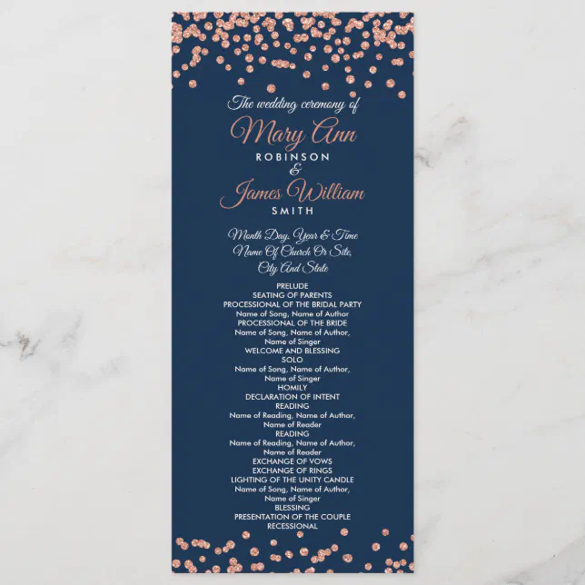 Wedding Program Rose Gold Glitter Confetti Navy Zazzle