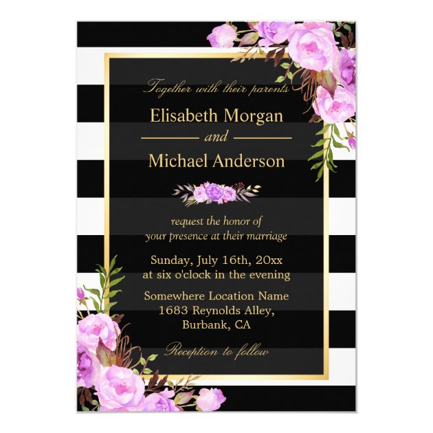 Wedding Purple Floral Gold Black White Stripes Card