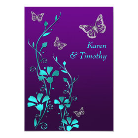 Wedding | Purple Teal Silver, Floral | Butterflies Personalized Invitation