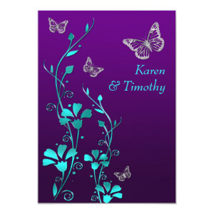 Wedding | Purple Teal Silver, Floral | Butterflies 5x7 Paper Invitation Card