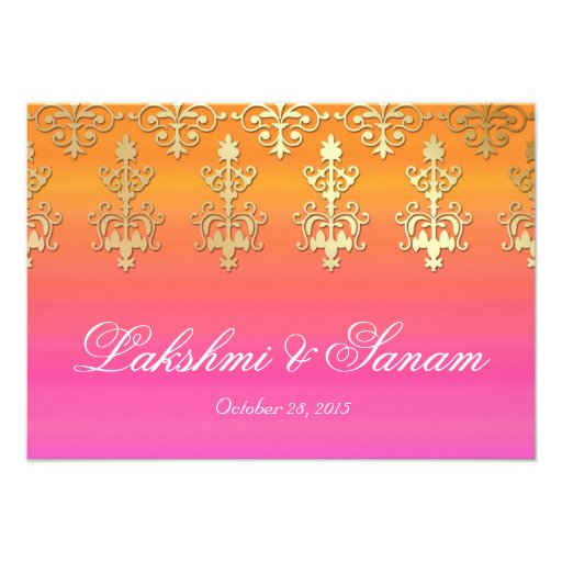 Wedding Reception Card Indian Damask Pink Orange Announcement