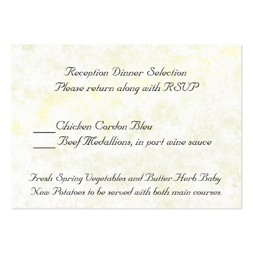 Wedding Reception Dinner Selection card Business Card (back side)