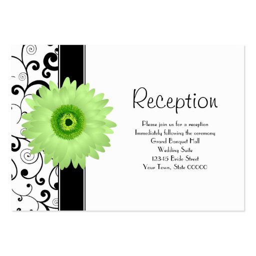 Wedding Reception Green Gerbera Daisy Black Scroll Business Cards (front side)
