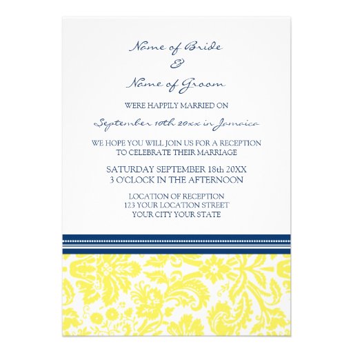 Wedding Reception Only Blue Yellow Damask Personalized Announcements