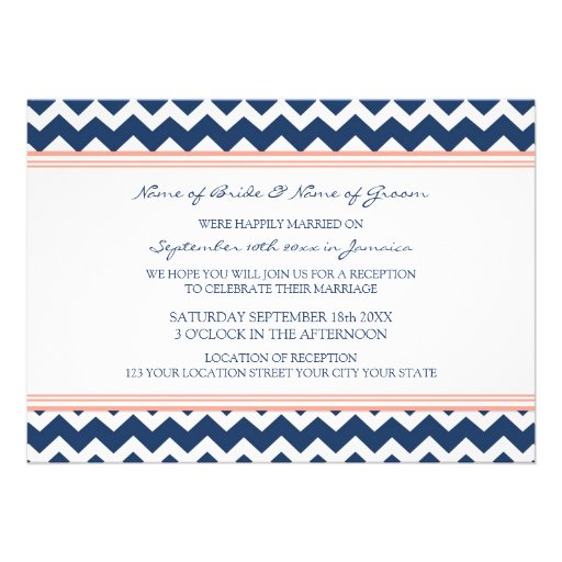 Wedding Reception Only Coral Blue Chevron Invites