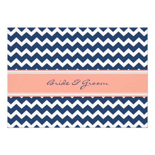 Wedding Reception Only Coral Blue Chevron Invites (front side)