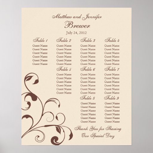 Wedding Reception Seating Chart Standard Sizes Poster Zazzle