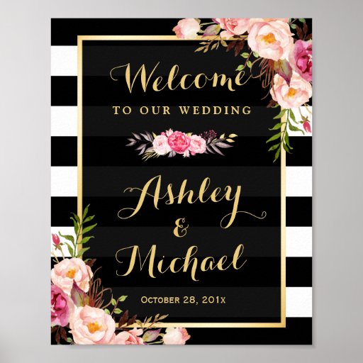 Wedding Reception Sign Gold Vintage Floral Stripes Poster | Zazzle
