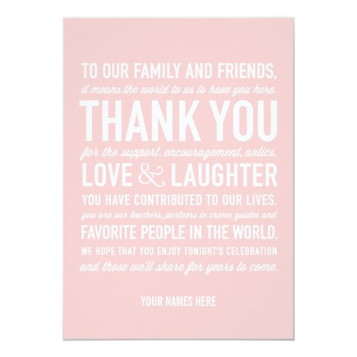 Wedding Reception Thank You Message Card in Pink Custom Announcements