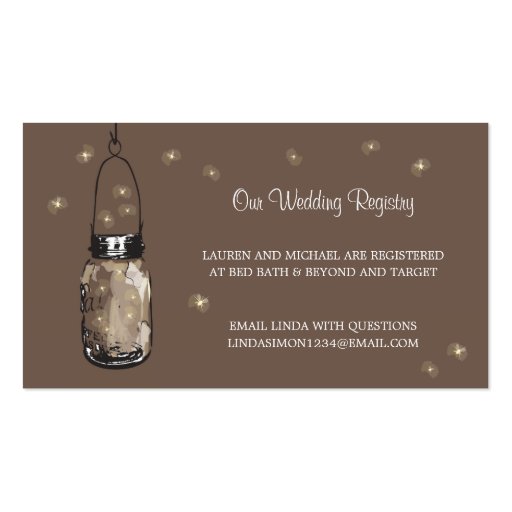 Wedding Registry Card Mason Jar & Fireflies Business Card Template (front side)