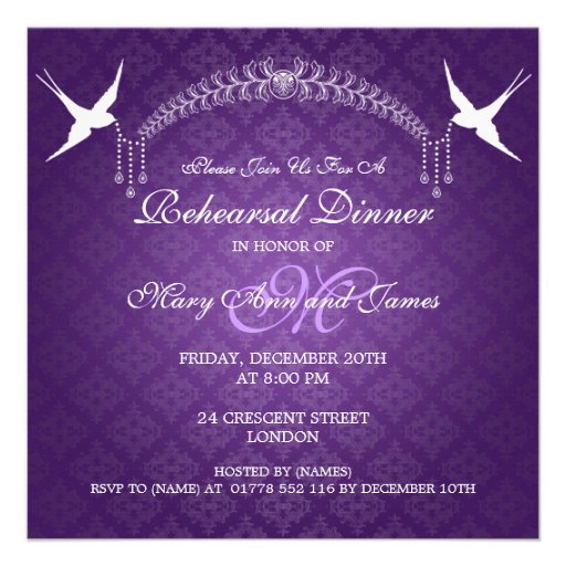 Wedding Rehearsal Dinner Birds Monogram Purple Personalized Invites