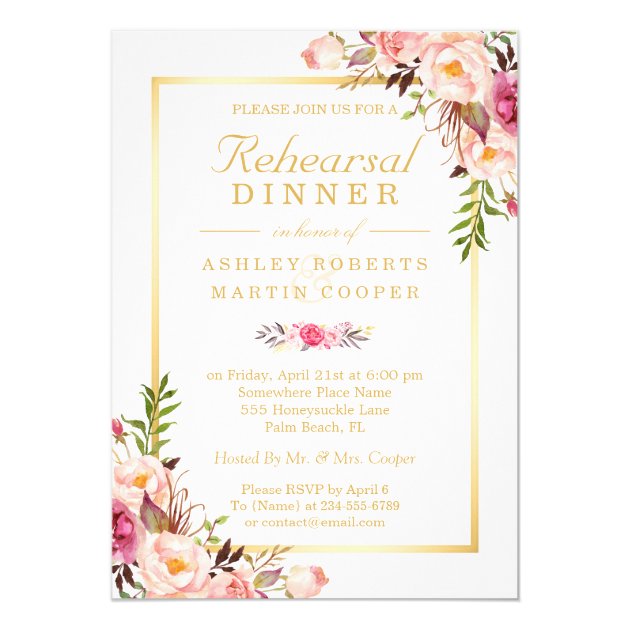 Wedding Rehearsal Dinner Elegant Chic Gold Floral 5x7 Paper Invitation Card (front side)