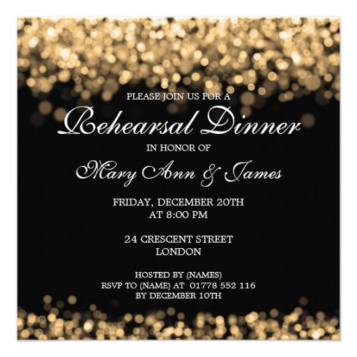 Wedding Rehearsal Dinner Gold Lights Personalized Invite (front side)