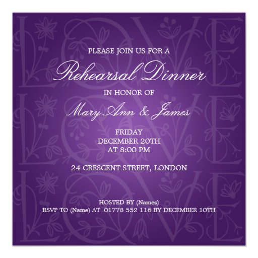 Wedding Rehearsal Dinner Love Flourish Purple Custom Announcement