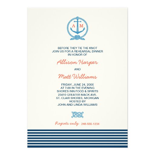 Wedding Rehearsal Dinner | Nautical Theme Personalized Announcement (front side)