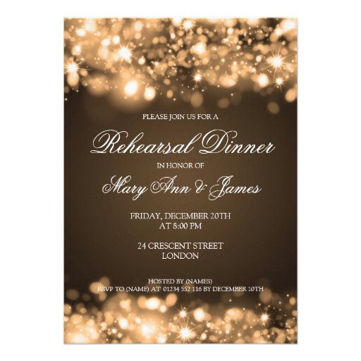 Wedding Rehearsal Dinner Sparkling Lights Gold Announcement (front side)