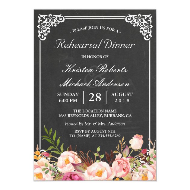 Wedding Rehearsal Dinner Vintage Floral Chalkboard Card (front side)