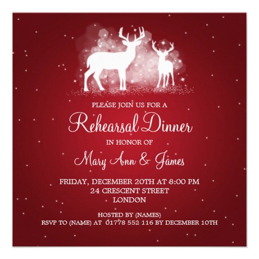 Wedding Rehearsal Dinner Winter Deer Sparkle Red Custom Invites