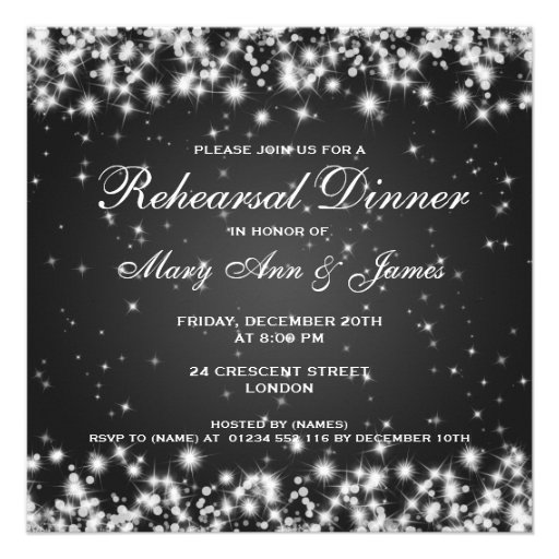 Wedding Rehearsal Dinner Winter Sparkle Black Invite (front side)