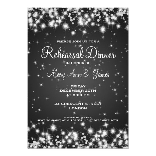Wedding Rehearsal Dinner Winter Sparkle Black Custom Invites (front side)