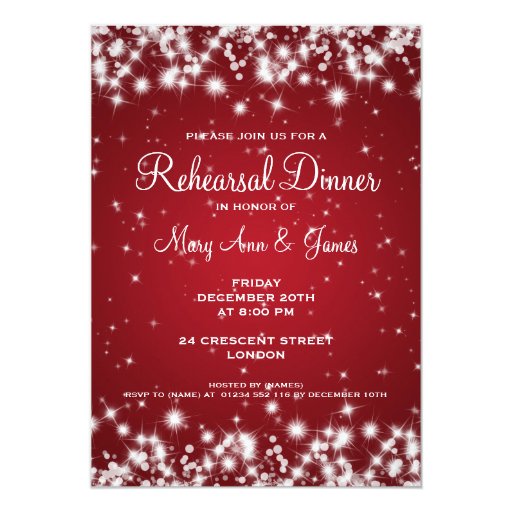 Wedding Rehearsal Dinner Winter Sparkle Red Custom Announcement (front side)