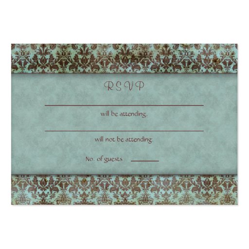 Wedding reply card damask turquoise blue brown business card template (back side)