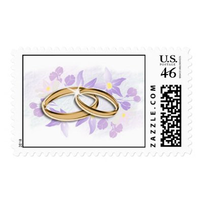 Elegant wedding postage stamps with shiny gold wedding rings on purple 