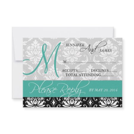 Wedding RSVP CARD 2 Damask Monogram Name Turquoise invitation