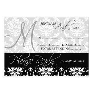 Black Gray Classic Damask Wedding RSVP Version 2 Cards by MonogramGallery.ca