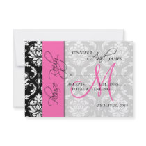 Wedding RSVP Card Damask Pink Monogram Personalized Announcements