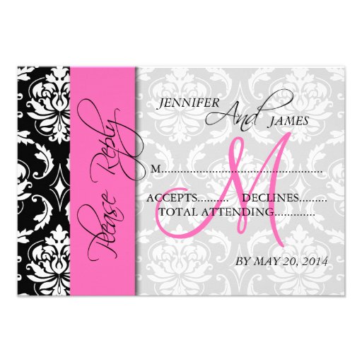 Wedding RSVP Card Damask Pink Monogram Personalized Announcements