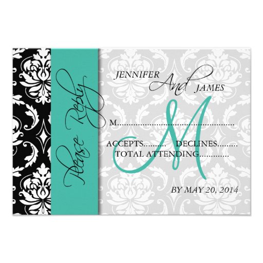 Wedding RSVP Card Damask Turquoise Names Initial Personalized Invites