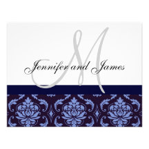 Wedding RSVP Card Navy Blue Damask Monogram Names Personalized Invites