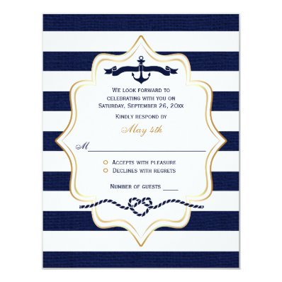 Wedding RSVP Card | Navy, White Faux Burlap Stripe