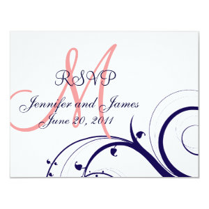 Wedding RSVP Card Swirls Navy Blue Coral Pink 4.25